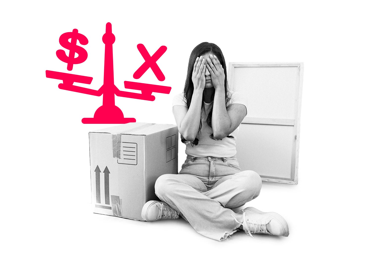 A woman covers her eyes beside a moving box and a scale.