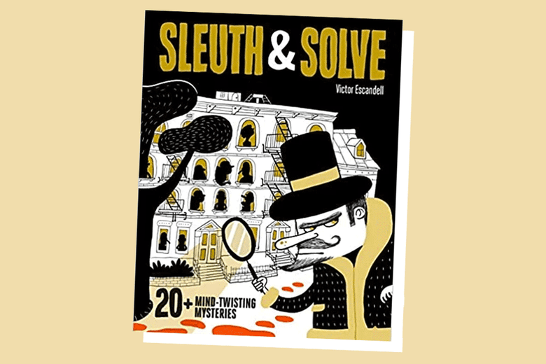 A copy of the cover of Sleuth and Solve, a murder mystery activity book.