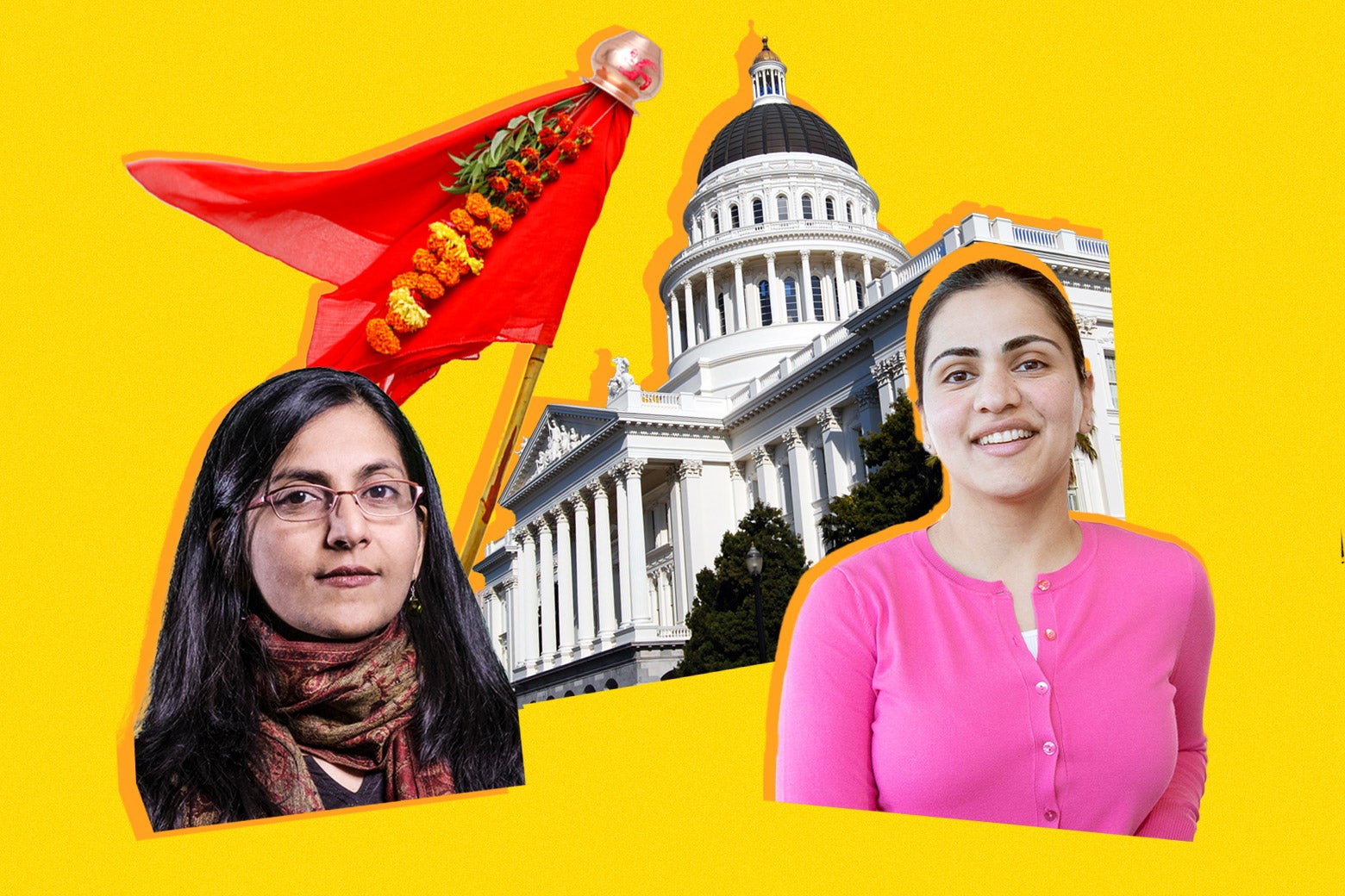 A photo illustration featuring Seattle City Council Member Kshama Sawant, left, and California state Sen. Aisha Wahab, right, who have pushed for anti–caste discrimination legislation in their jurisdictions. The RSS organization's saffron flag and the California legislative building can be seen in the background.