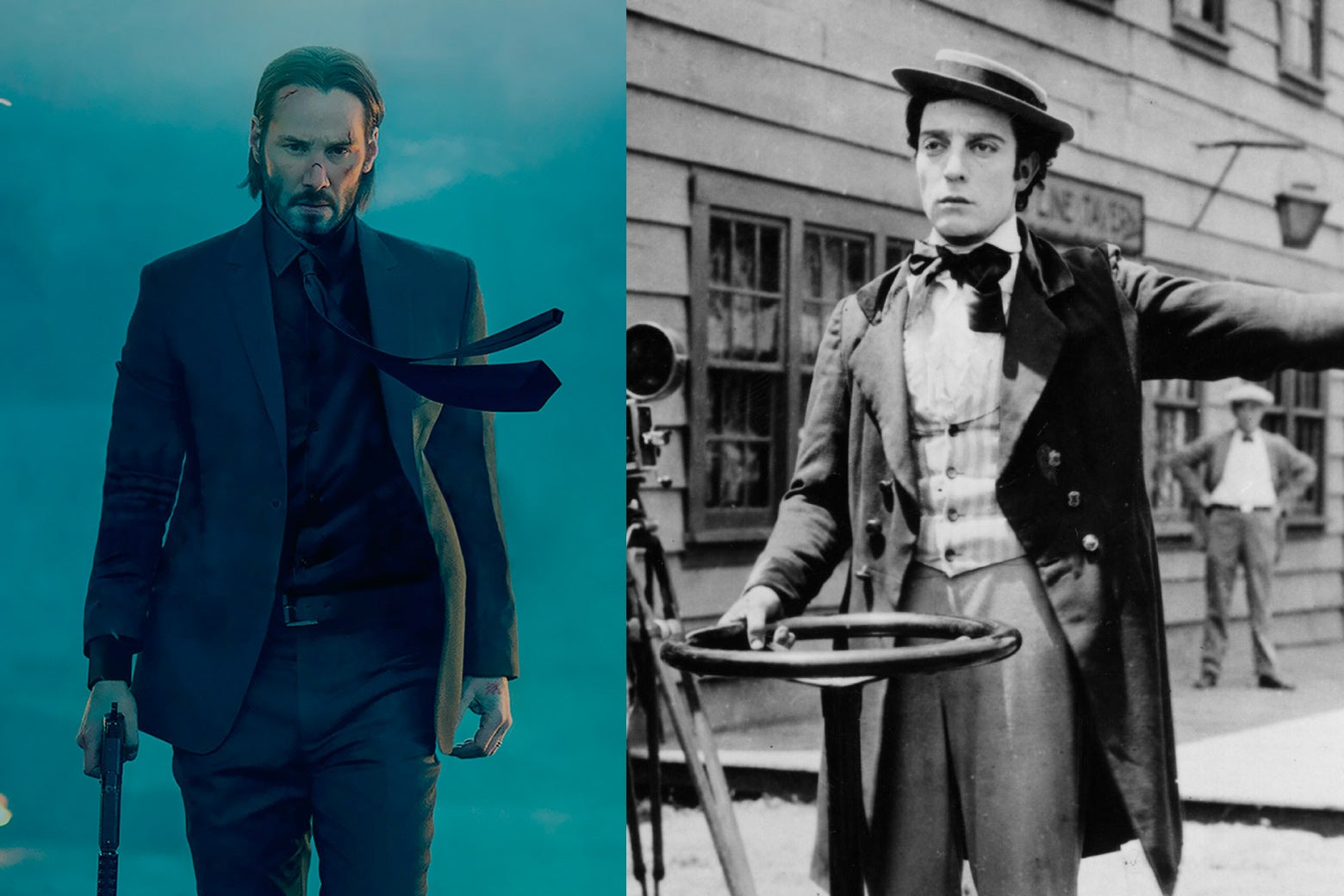 On the left, Keanu Reeves, stonefaced, in a suit. On the right, Buster Keaton, stonefaced, in a suit. OK he's also wearing a porkpie hat.