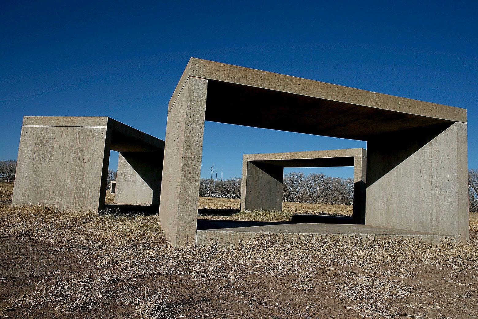A view of the concrete art works by Donald Judd that run along the border of Chinati's Foundation property on Dec. 26, 2012 in Marfa, Texas.
