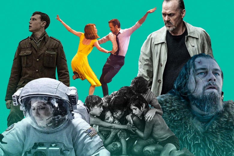 A collage of scenes from 1917, La La Land, Birdman, Gravity, Roma, and The Revenant