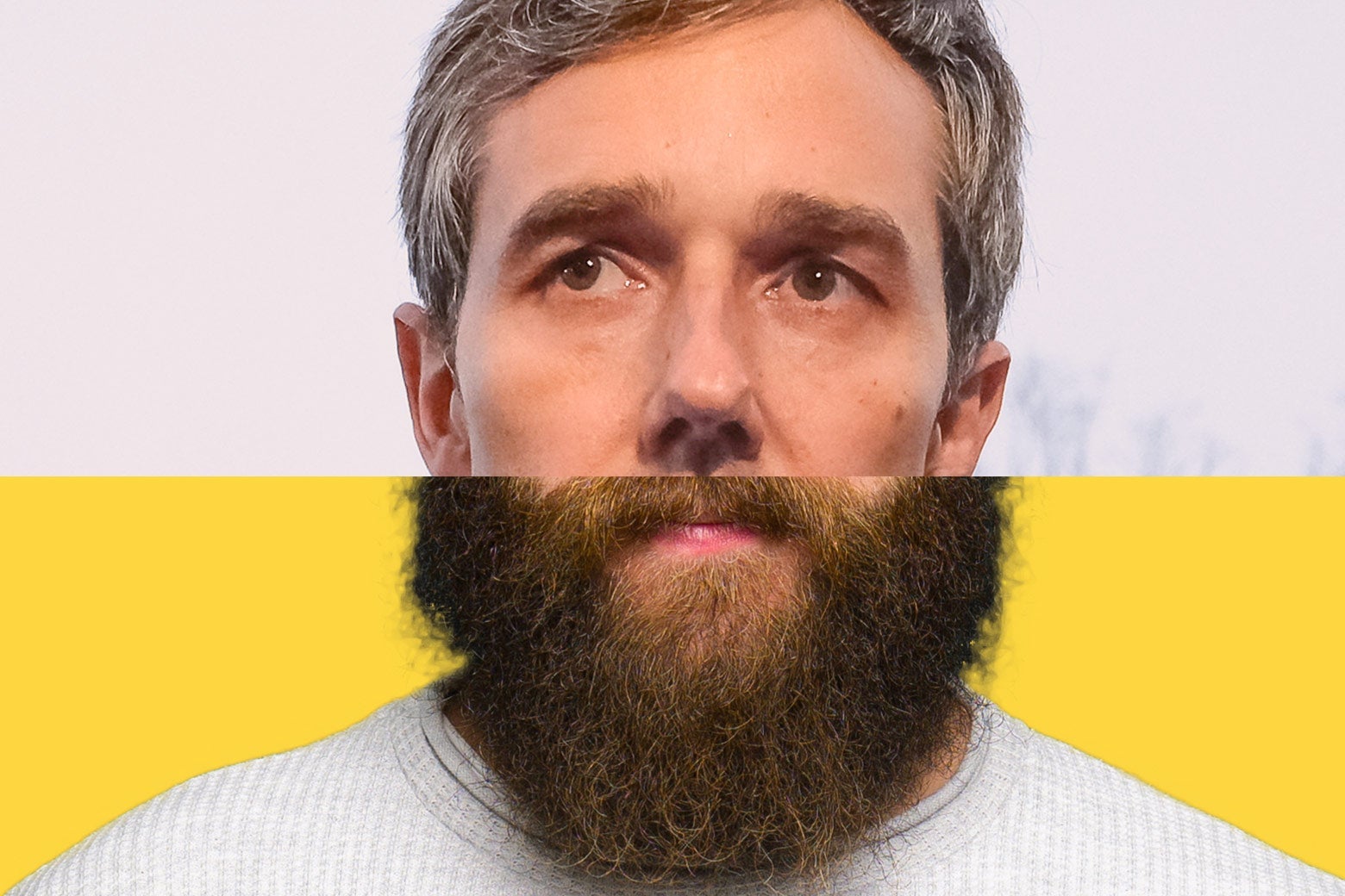 The top of Beto's face and the bottom of another man's bearded face, spliced together.