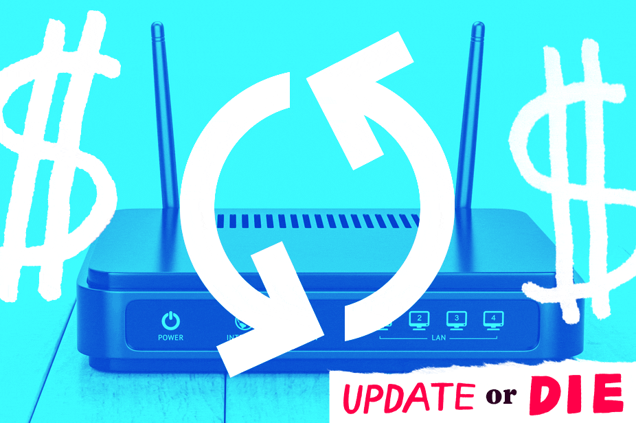 A router superimposed with an animation of a spiraling update icon.