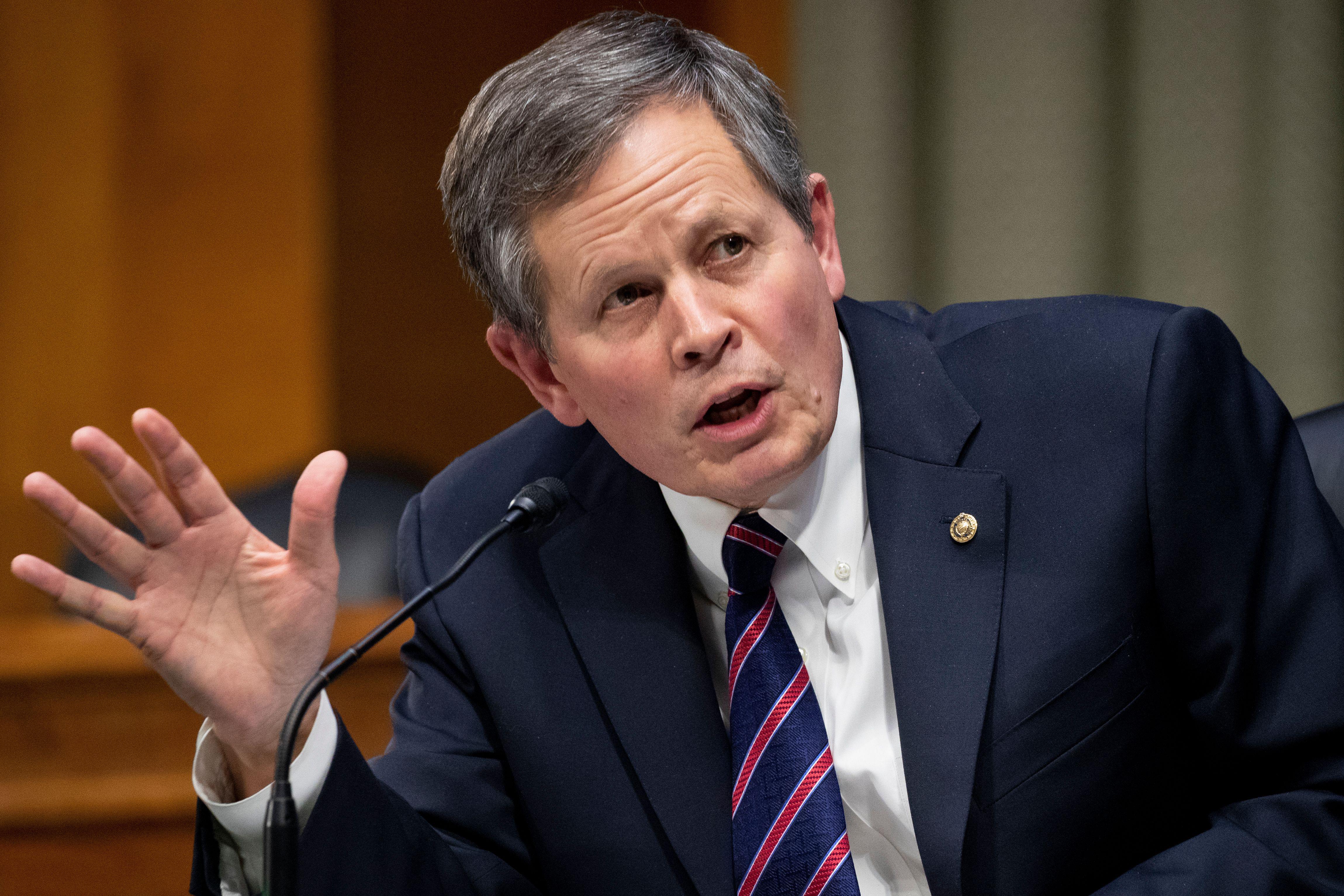 Republican Sen. Steve Daines from Montana directs a question regarding limiting abortions to Xavier Becerra during the Senate Finance Committee hearing on Becerra’s nomination to be secretary of Health and Human Services (HHS), on Capitol Hill in Washington, D.C. on February 24, 2021. 