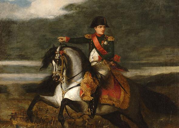 Napoleon on horseback, in the background is the Battle of Wagram in 1843.