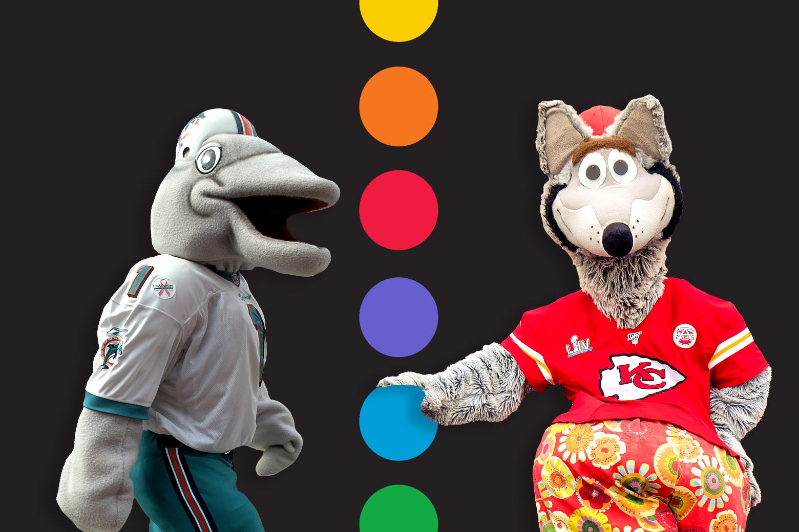 The mascots for the Kansas City Chiefs and the Miami Dolphins separated down the middle with a rainbow dotted line.