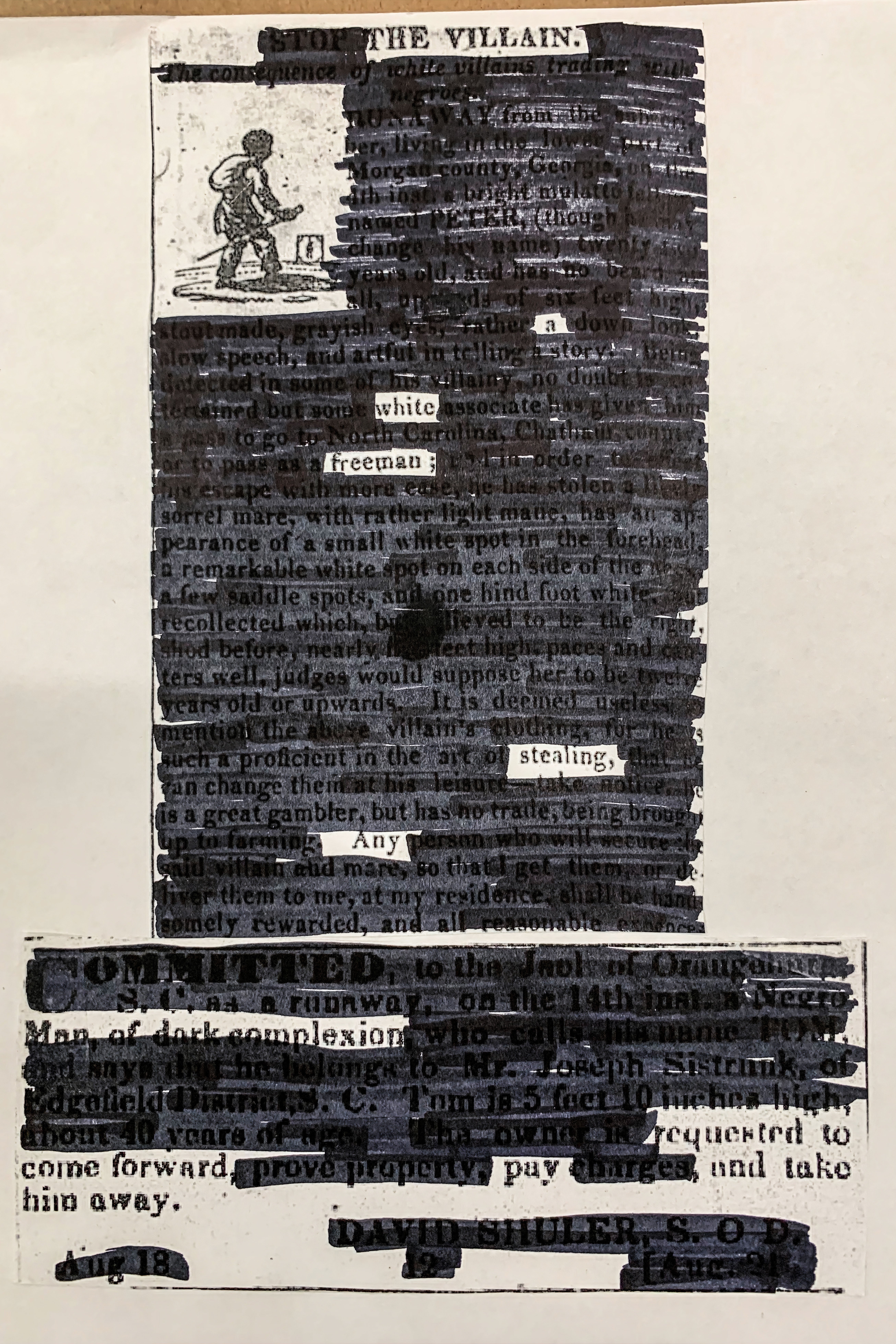 An old newspaper ad with most of the text blacked out with marker to reveal a poem from the remaining text