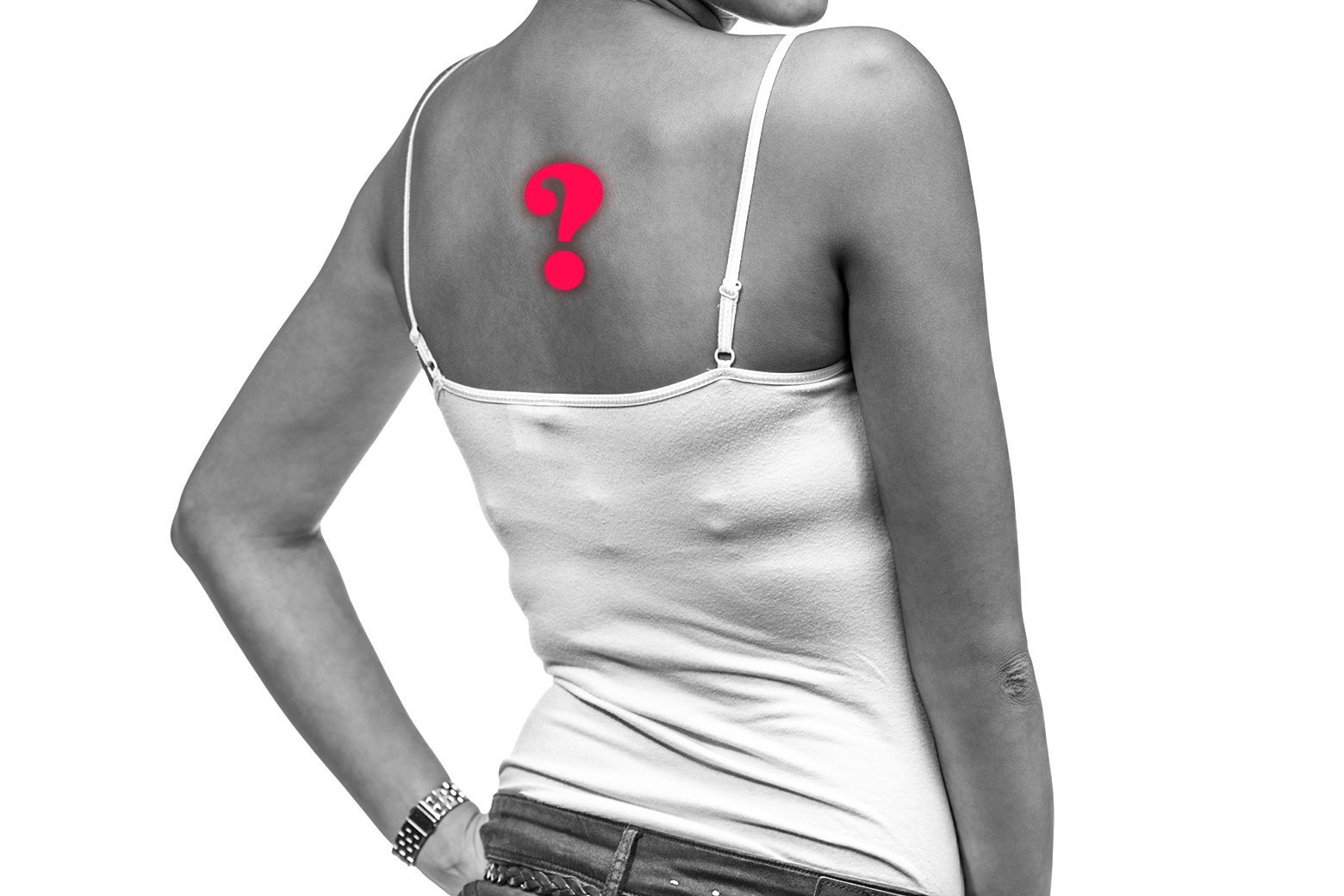 A woman with a graphic of a question mark on her back.
