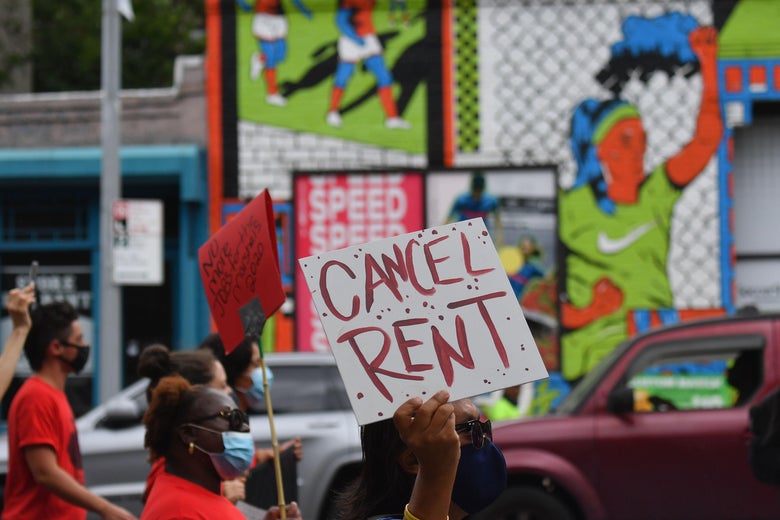 Protestors demonstrate during a 'No Evictions, No Police' national day of action protest against law enforcement who forcibly remove people from homes on September 1, 2020 in New York City. - Activists and relief groups in the United States are scrambling to head off a monumental wave of evictions nationwide, as the coronavirus crisis leaves tens of millions at risk of homelessness. (Photo by Angela Weiss / AFP) (Photo by ANGELA WEISS/AFP via Getty Images)