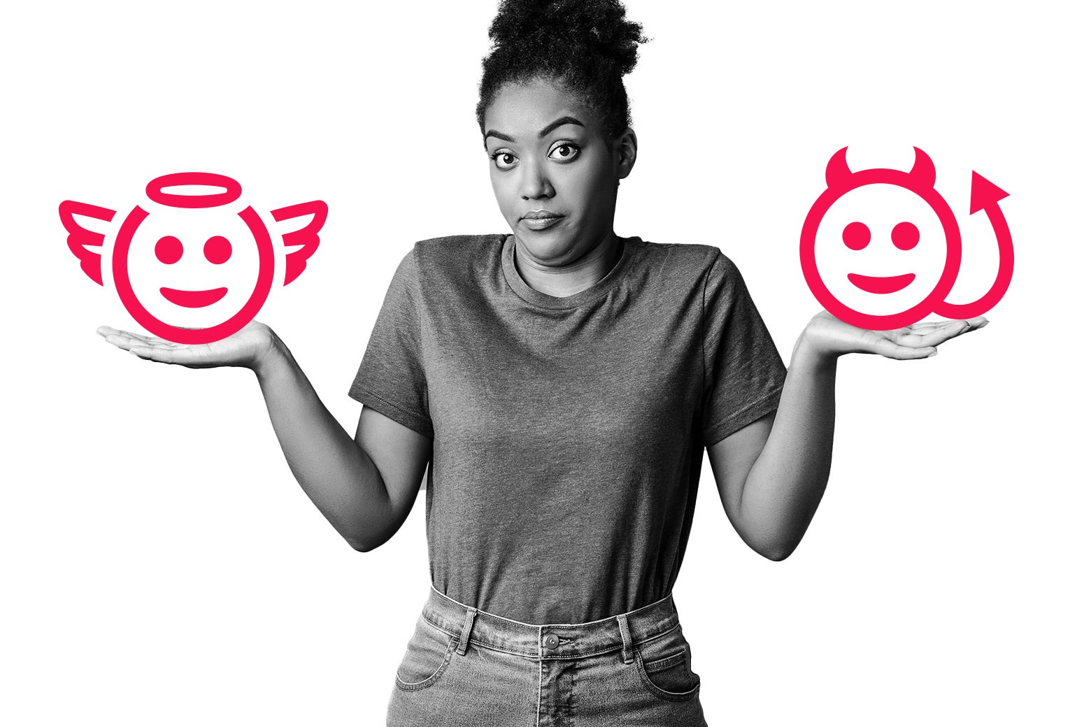 A person shrugs, holding a devil emoji in one hand and an angel emoji in the other.