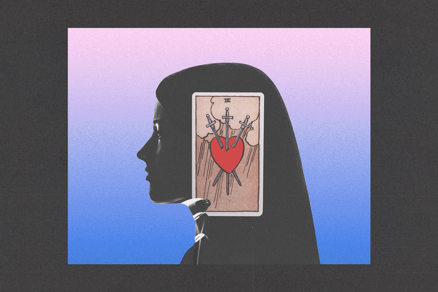 A silhouette of a woman has a tarot card over head that has an image of a heart with three swords through it.