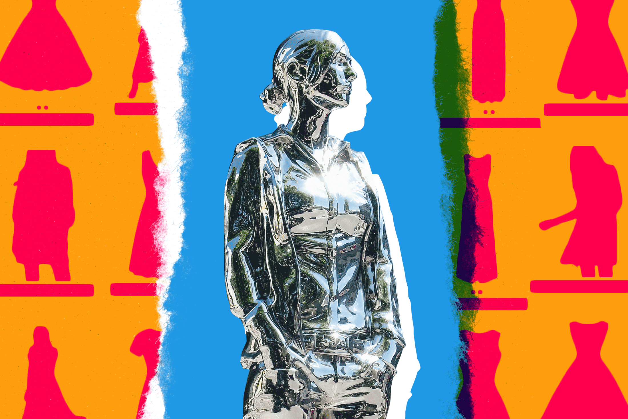 A chrome sculpture of a woman made from a 3D body scan surrounded by silhouettes of Amazon.com dresses.