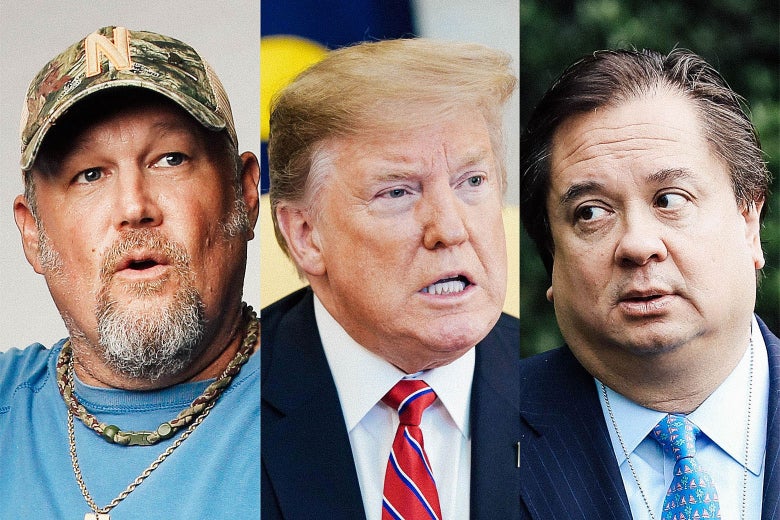 Headshots of Larry the Cable Guy, Donald Trump, and George Conway.