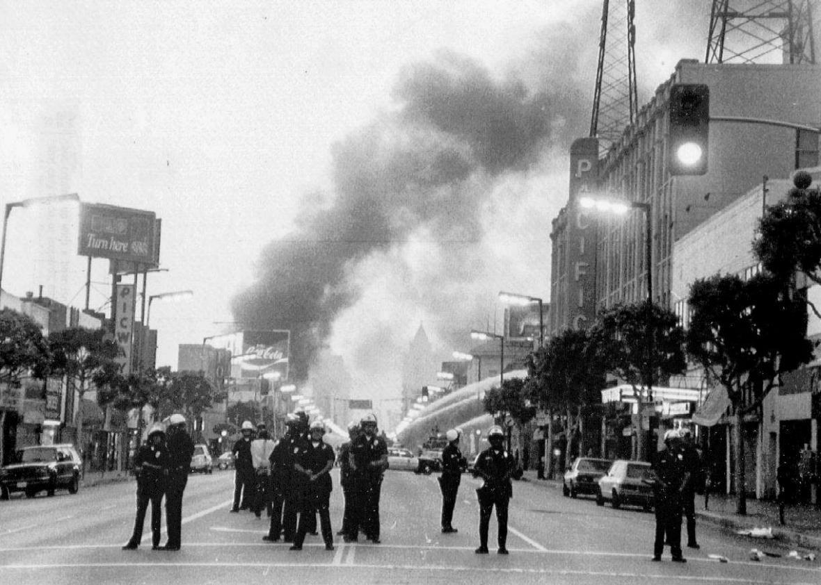 Police guard Hollywood Boulevard after the Rodney King incident 