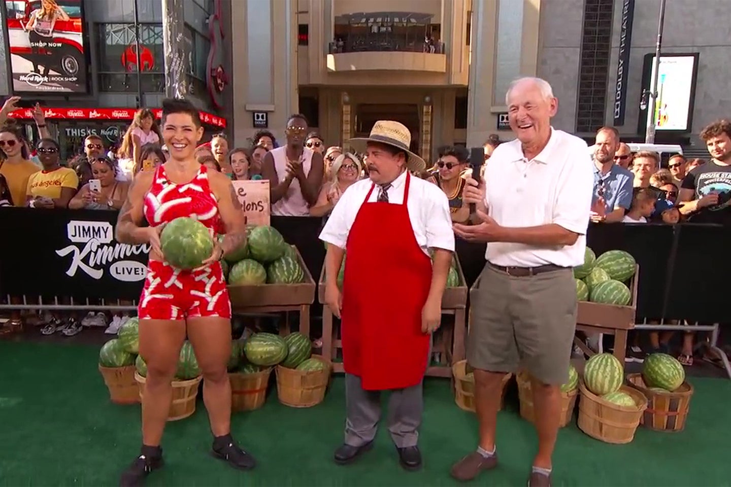 This Jimmy Kimmel video is titled “Woman crushes watermelons with her