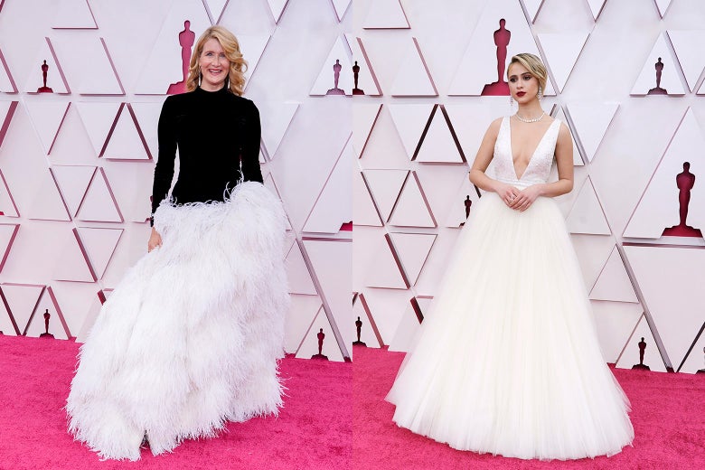 Laura Dern and Maria Bakalova pose on the red carpet.