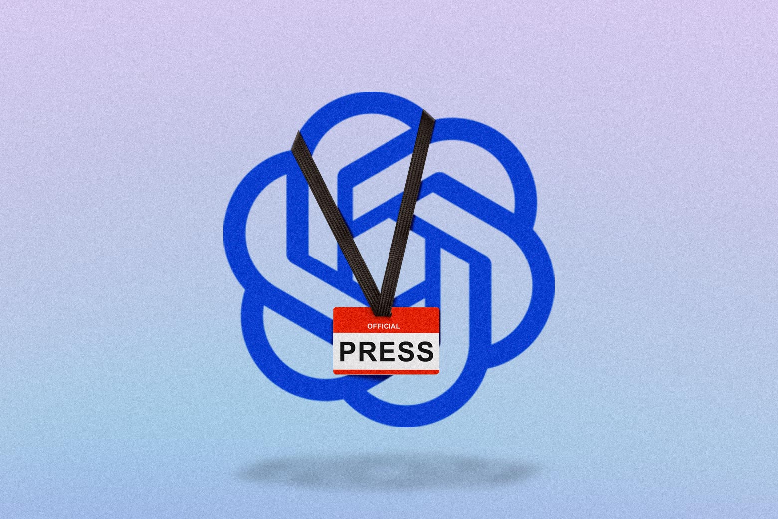 The OpenAI logo wearing a press badge.