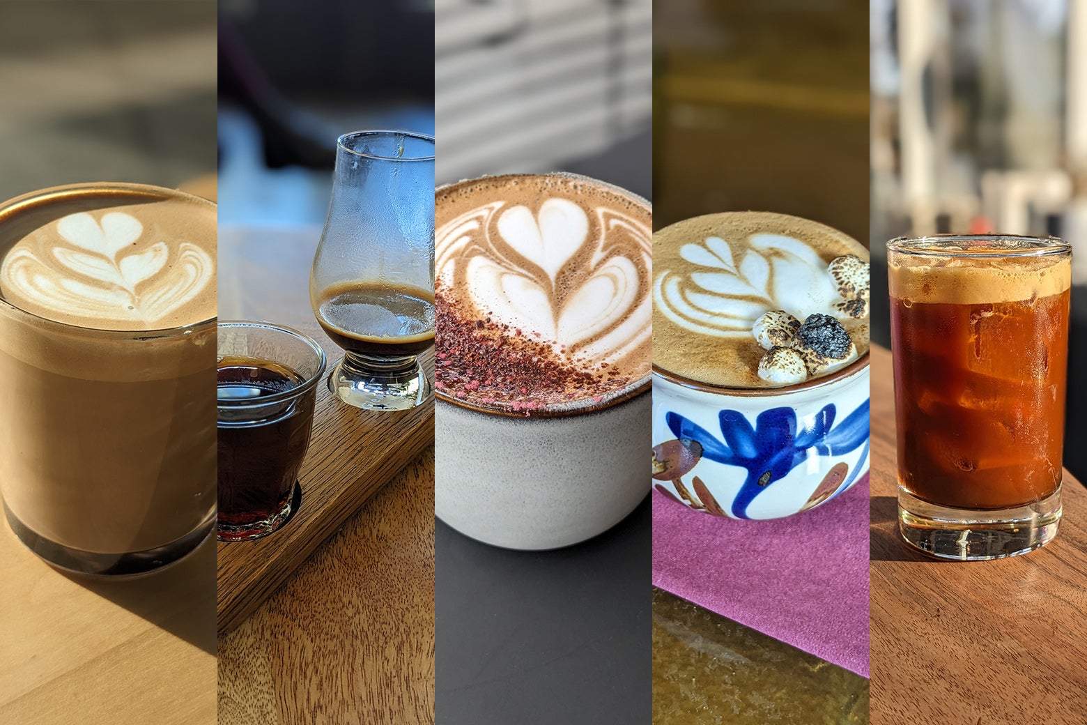 Five fancy lattes on various tables.