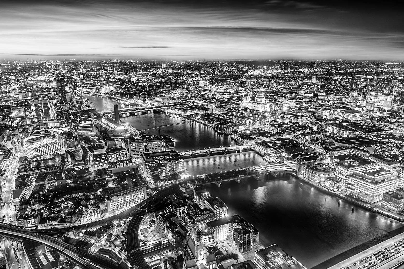Black and white aerial view of central London