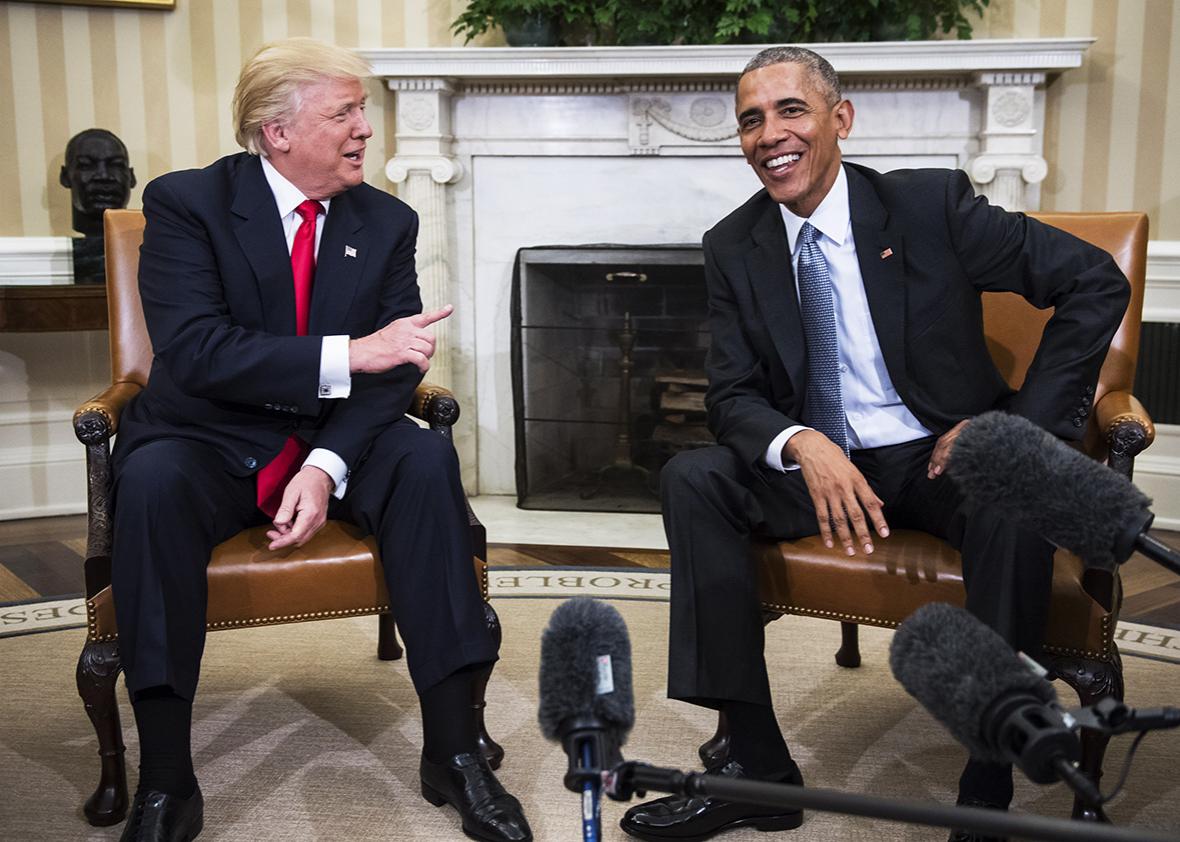 President Barack Obama and President-elect Donald Trump talk to members of the media during a meeting in the Oval Office of the White House in Washington, Thursday, Nov. 10, 2016. 