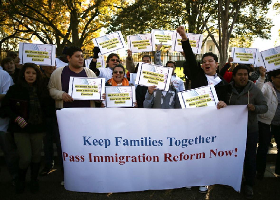 Immigrant activists participate in a rally on immigration reform in front of the White House on November 8, 2012 in Washington, DC.
