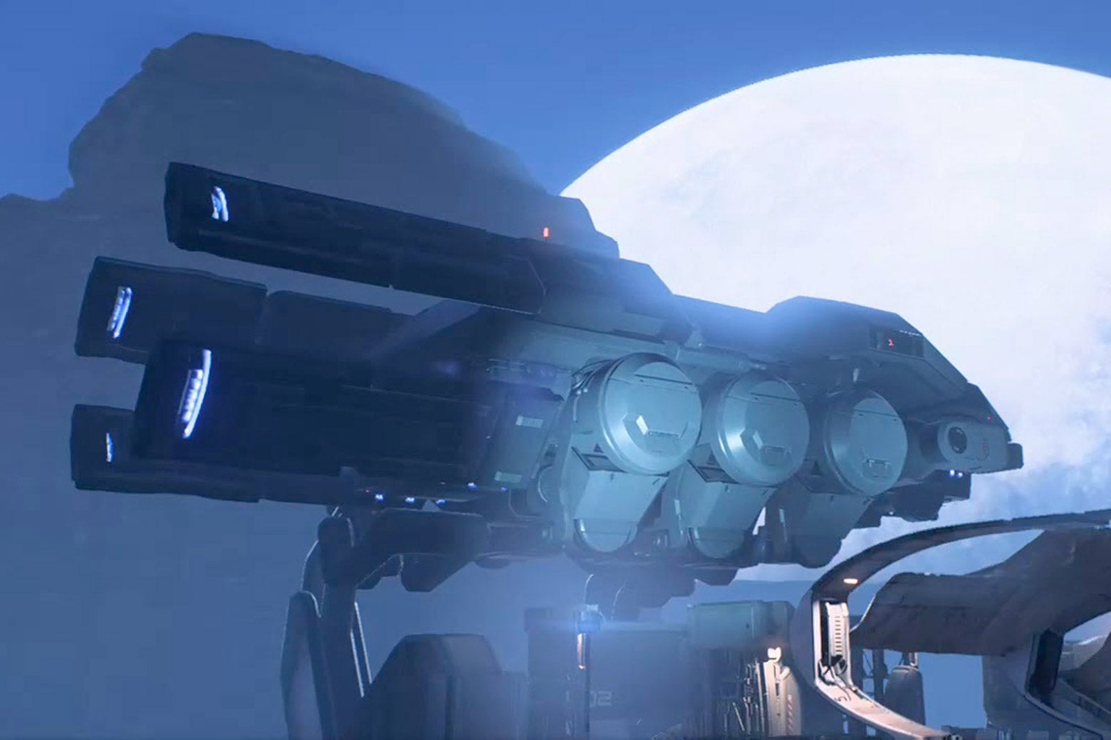 A large, futuristic space ship, with a view of what appears to be the moon in the background. 