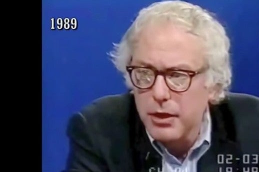 Screenshot of a video of Bernie Sanders speaking on TV in 1989.