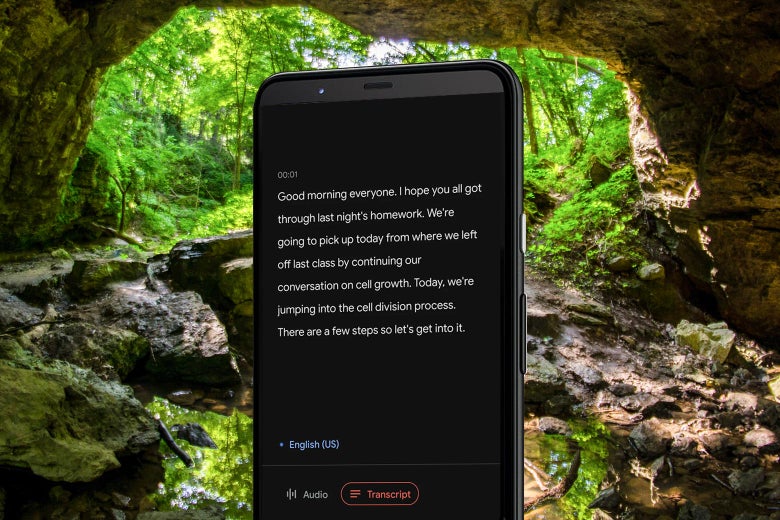 Pixel Recorder app screen displaying a transcription, overlaid on an image of a cave.