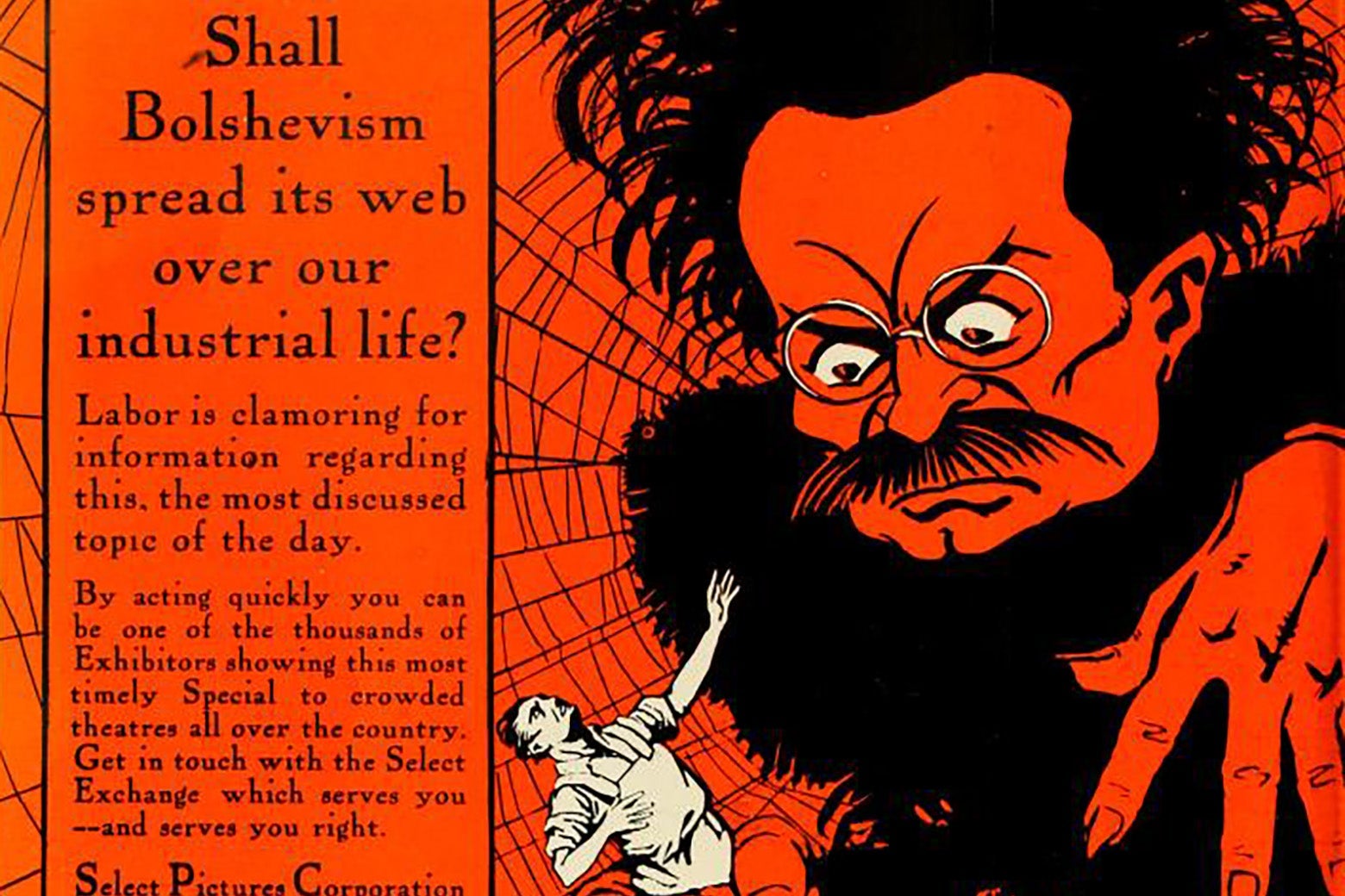 A magazine ad for Bolshevism on Trial, showing a Bolshevik trapping a worker in his web of deceit.