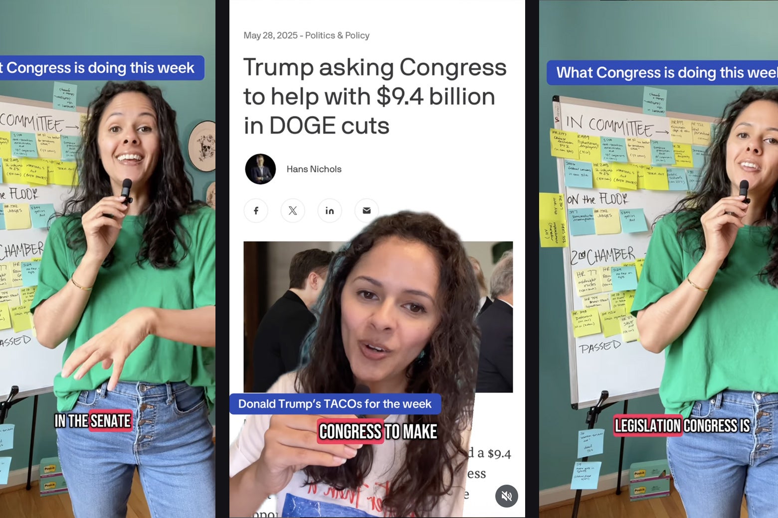 A woman in front of headlines that read 