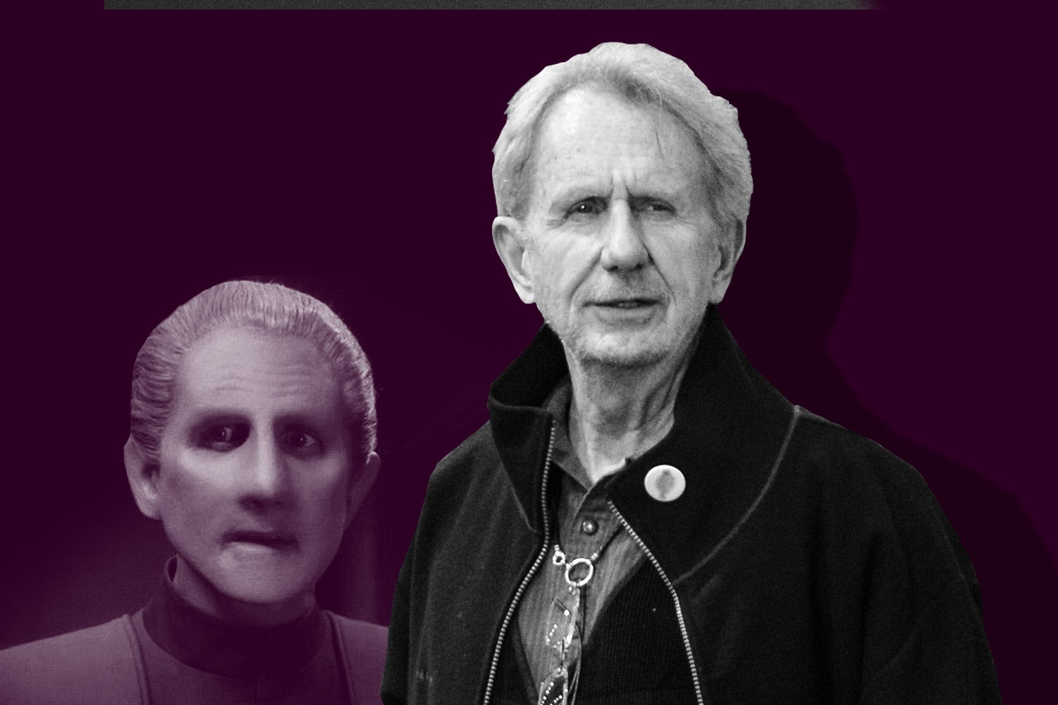An illustration of René Auberjonois in front of his character Odo, who has smoothed-out facial features and slicked-back hair.