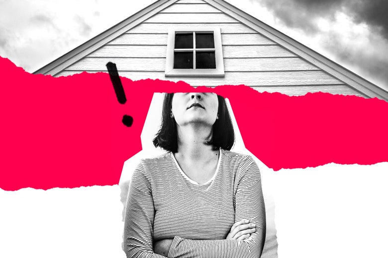 Photo illustration of a woman looking up at an attic.