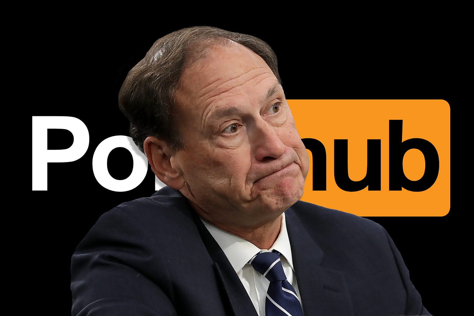 Justice Alito tilts his head and frowns in front of a large PornHub logo.