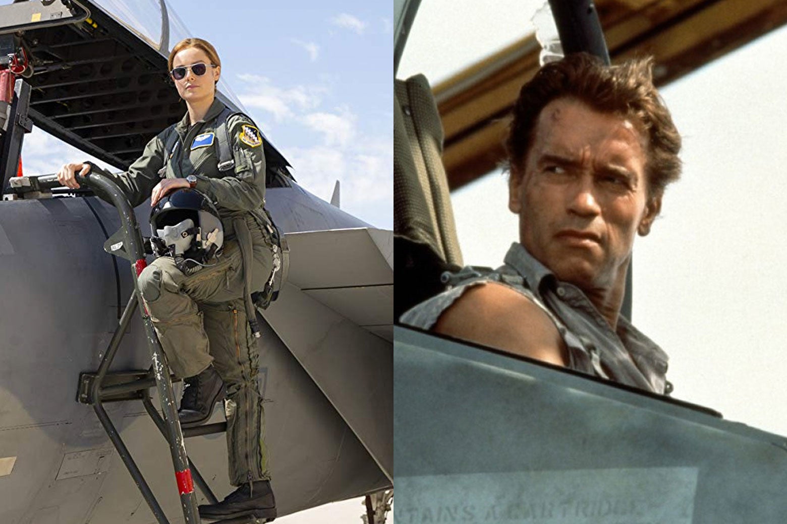 Brie Larson in Captain Marvel and Arnold Schwarzenegger in True Lies.
