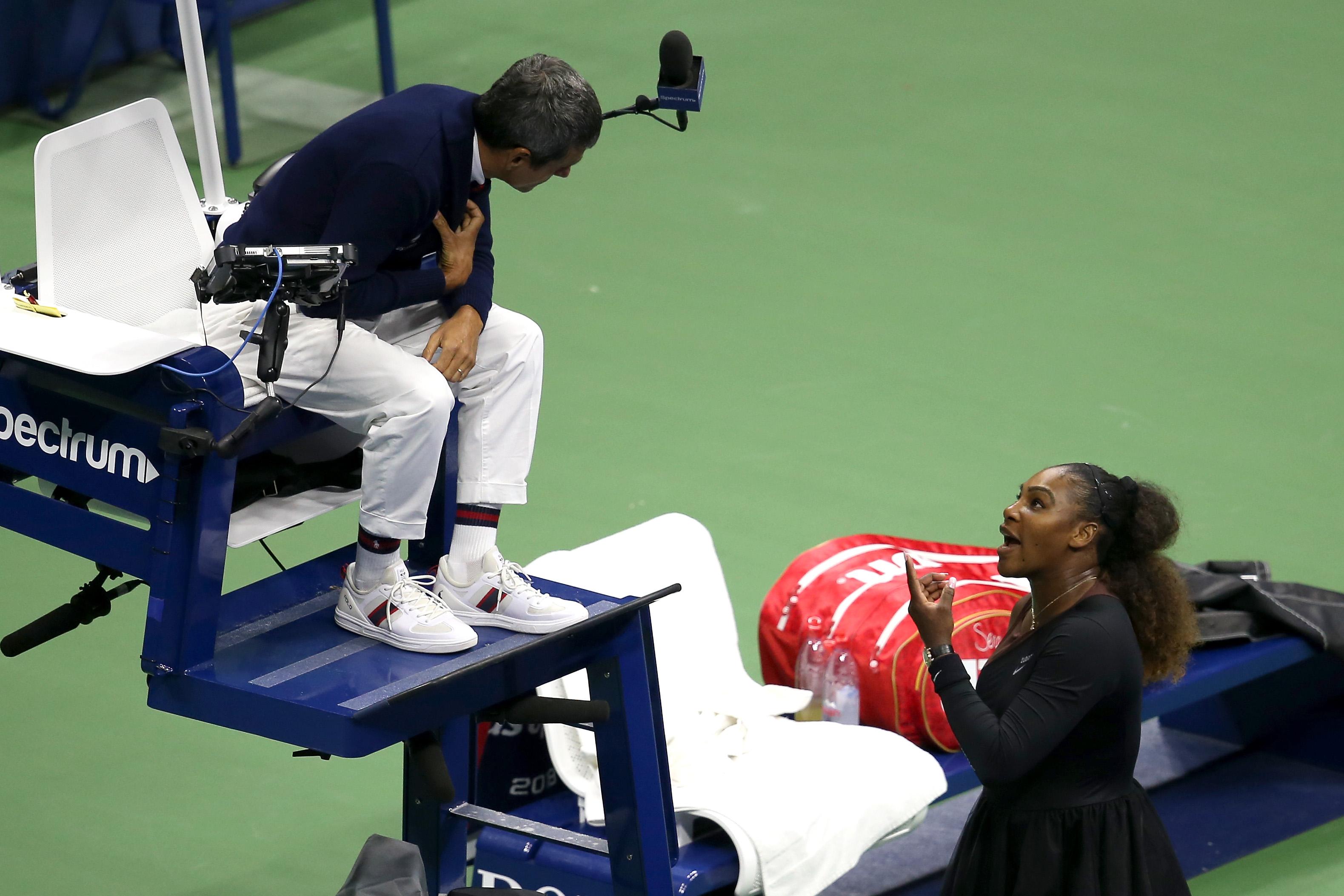 Serena Williams argues with umpire Carlos Ramos during her Women's Singles finals match against Naomi Osaka at the 2018 U.S. Open on September 8, 2018. 