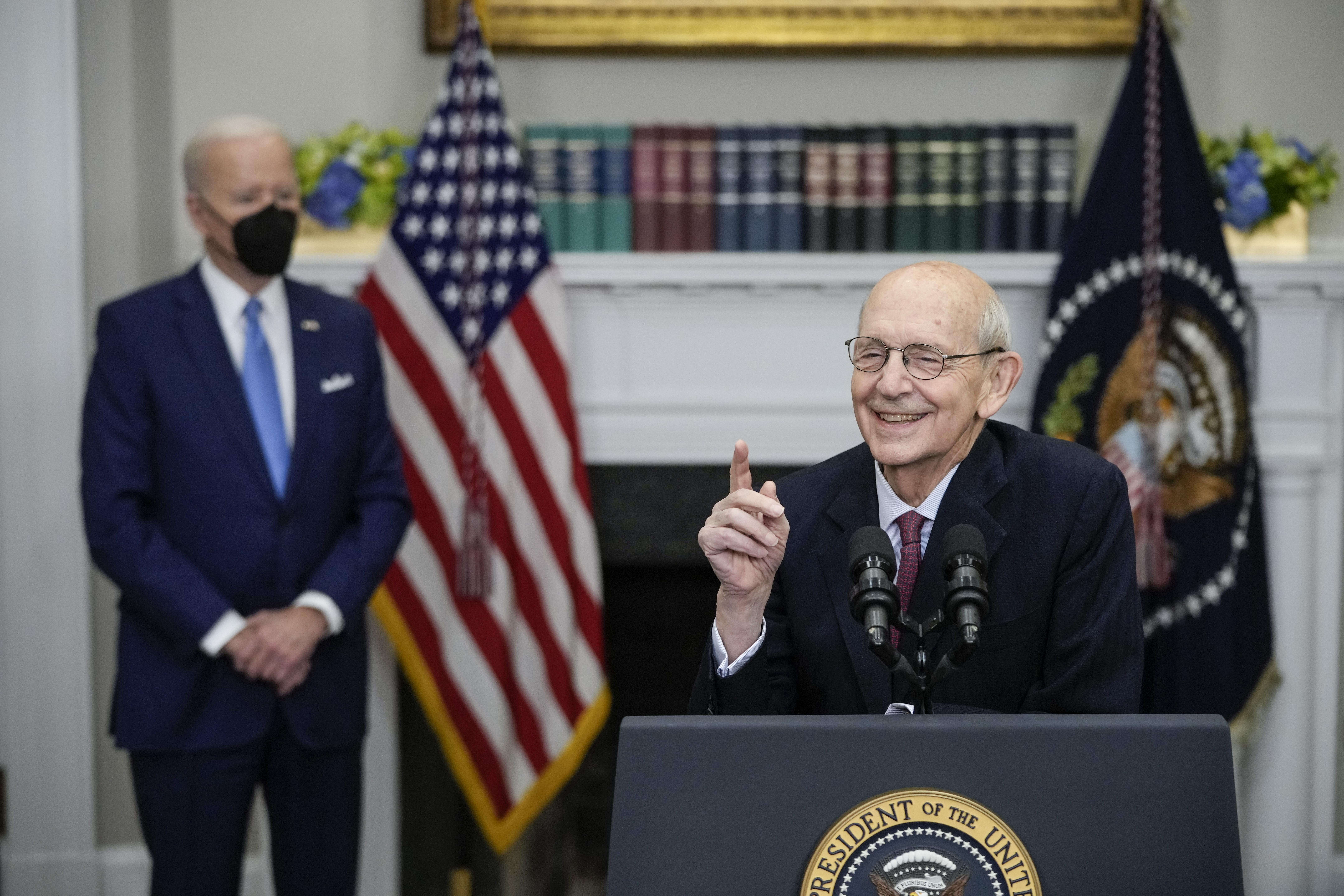 President Joe Biden looks on as Supreme Court Associate Justice Stephen Breyer speaks about his coming retirement in the Roosevelt Room of the White House on January 27, 2022 in Washington, D.C.