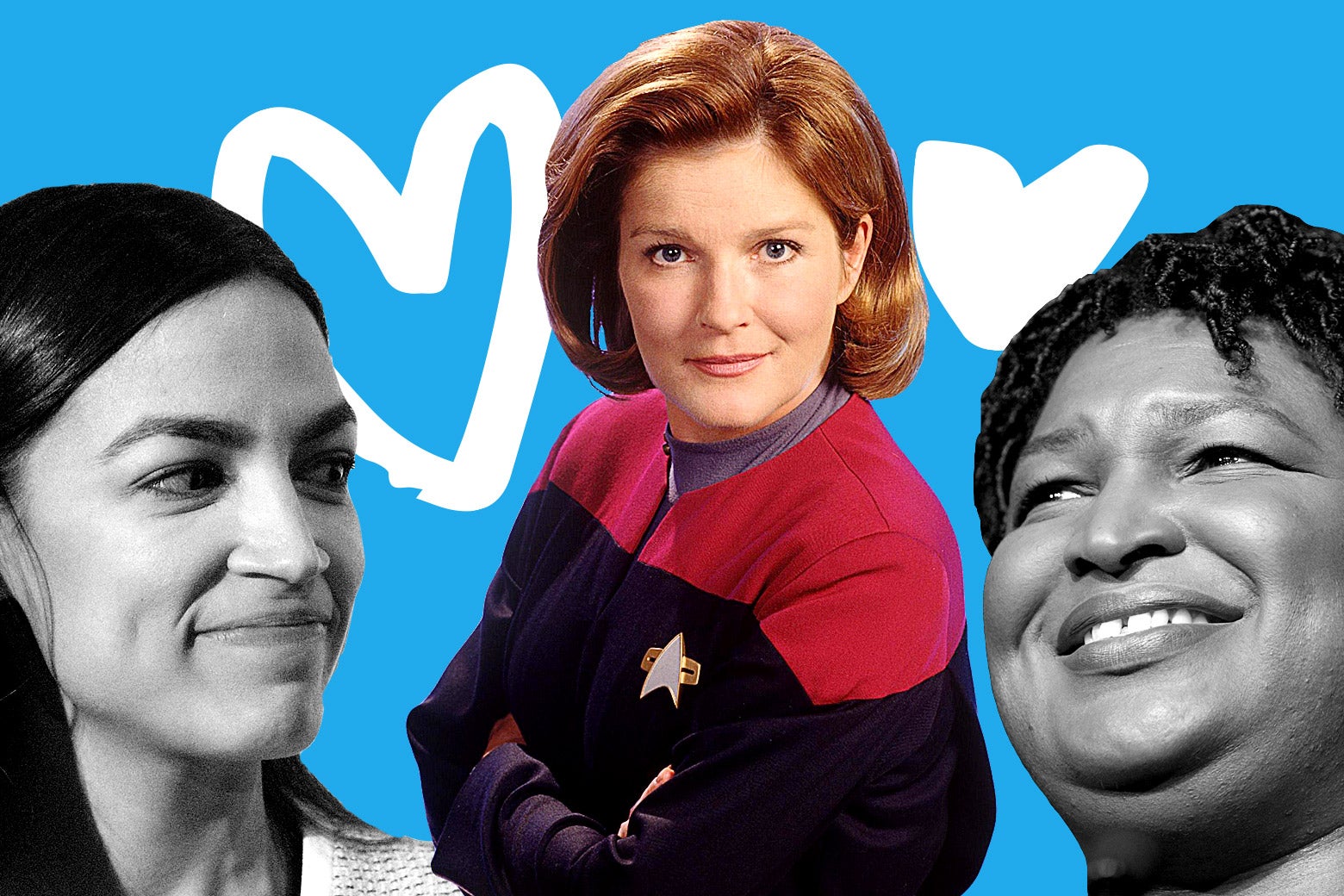 A collage of photos of Alexandria Ocasio-Cortez, Kate Mulgrew as Capt. Janeway, and Stacey Abrams with hearts.