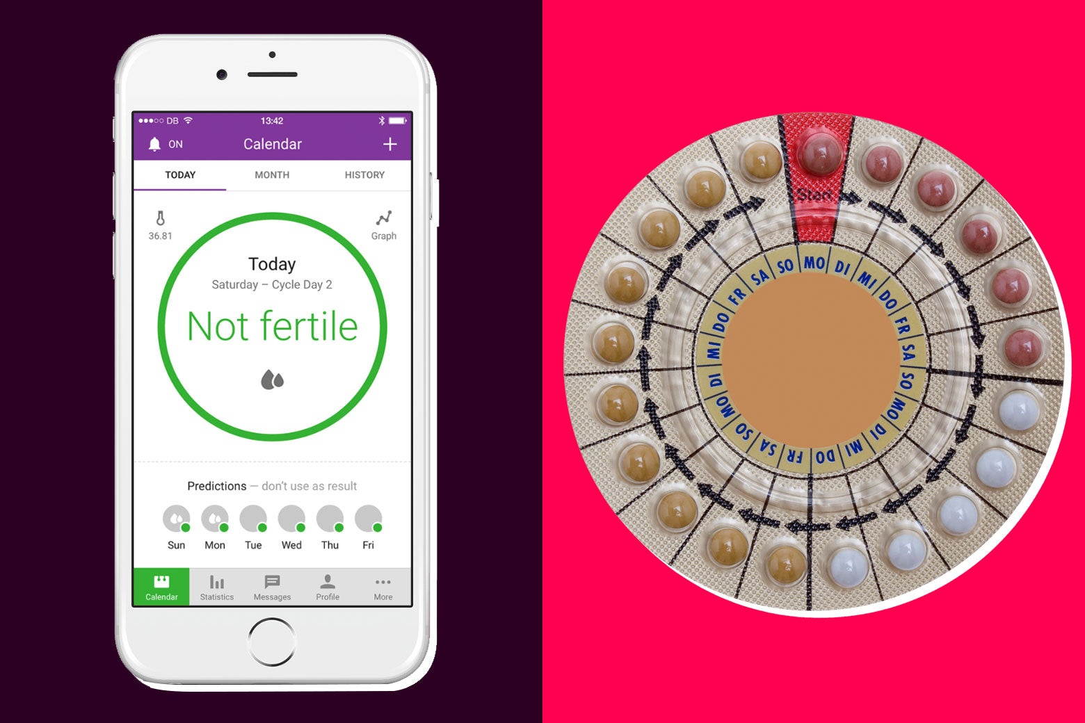 A Natural Cycles app screen and a circular birth control pill pack.
