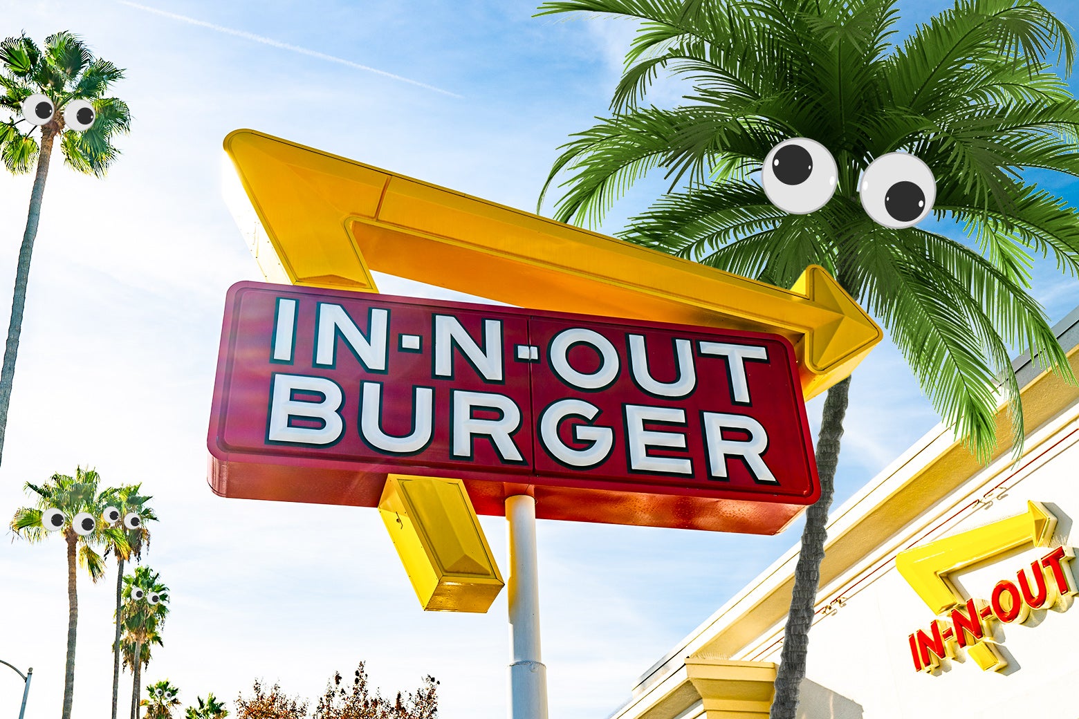An In-N-Out's iconic palm trees have googly eyes. 