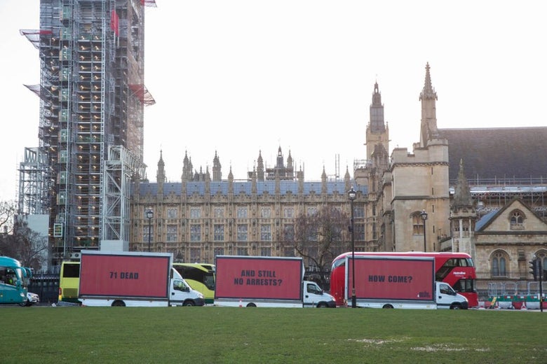 Justice4Grenfell's three billboards in Westminster.
