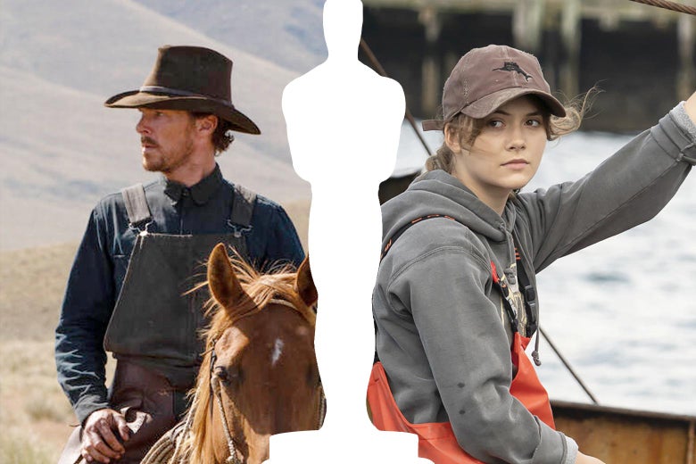 Two images separated by a silhouette of an Oscar. On the left, Benedict Cumberbatch atop his horse. On the right, CODA actress Emilia Jones in her fishing waders on a boat.