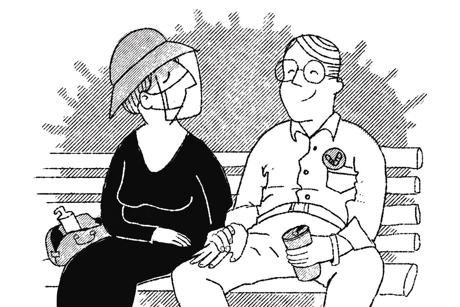 A couple sitting on a park bench, the woman still in full protective gear as the man basks in the sun without a mask, drinking a soda. 