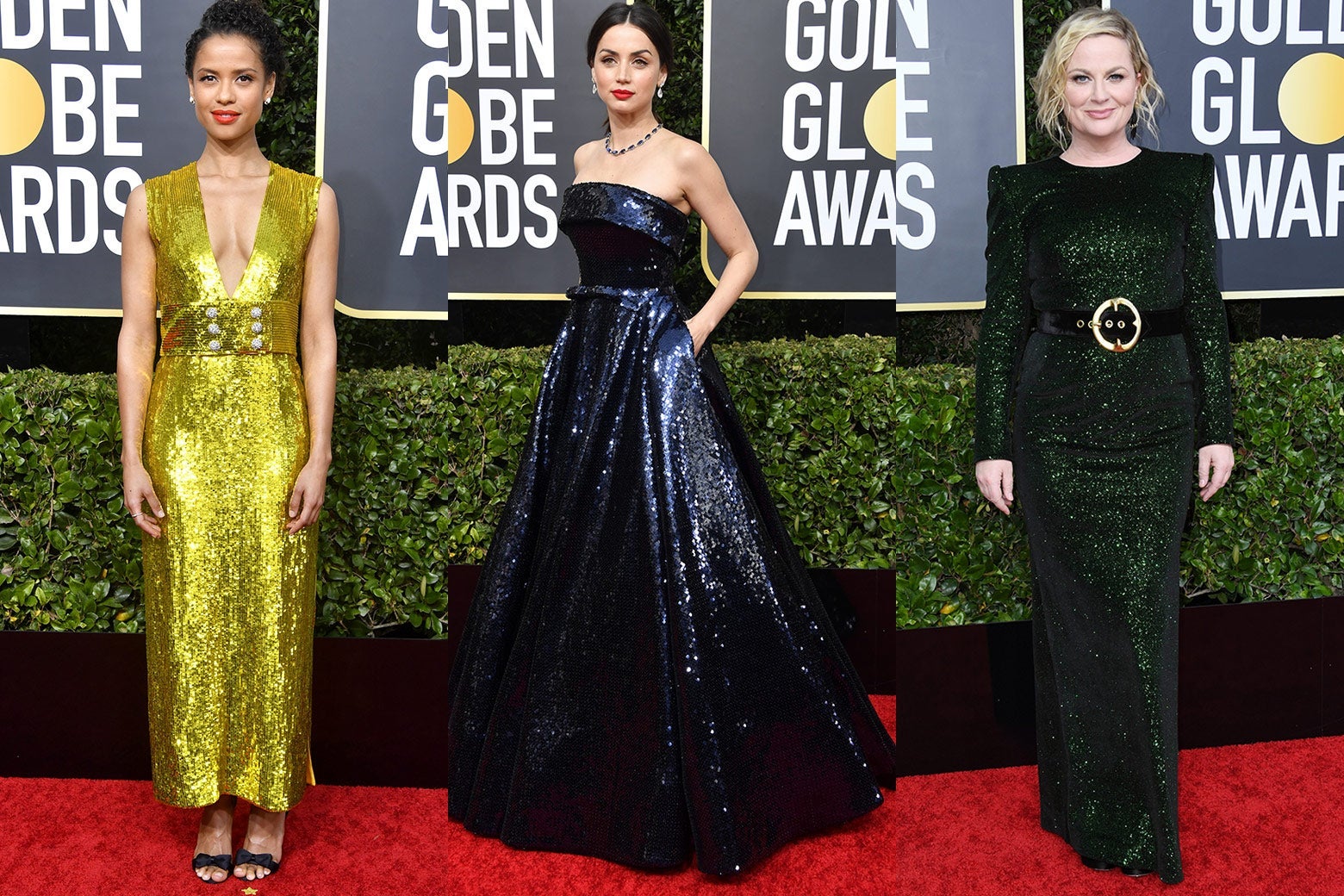 Gugu Mbatha-Raw, Ana de Armas, and Amy Poehler pose on the 2020 Golden Globes red carpet.