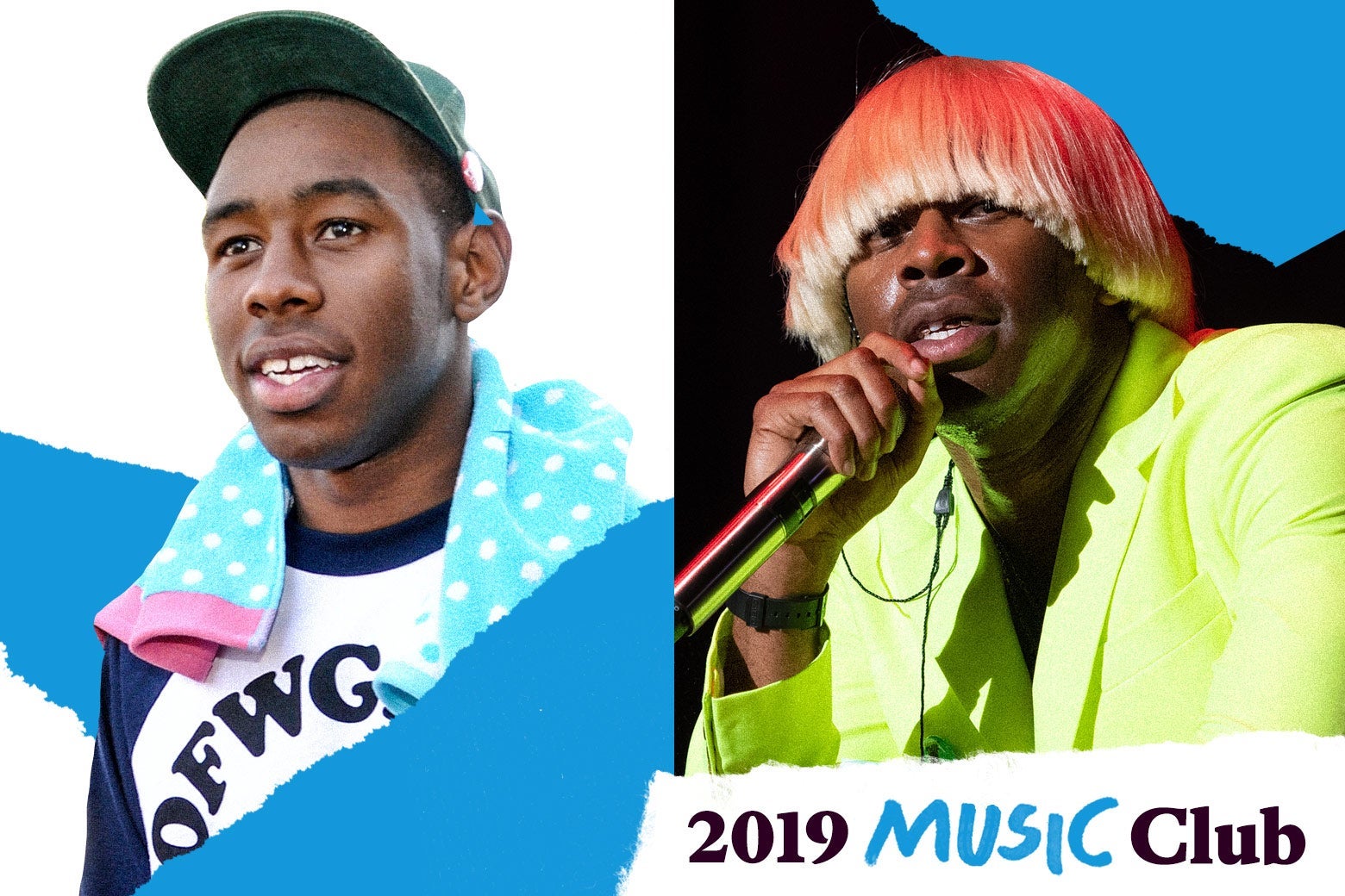Tyler, the Creator in a OFWGKTA T-shirt, and now in a neon boxy suit and blond bowl cut wig. Text in the corner says, "2019 Music Club."