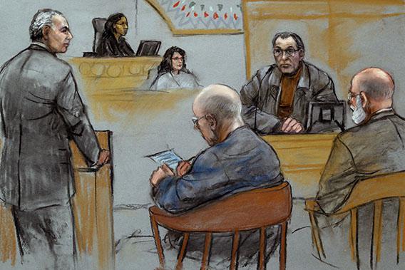This courtroom sketch depicts Stephen "The Rifleman" Flemmi, upper right, on the witness stand as defendant James "Whitey" Bulger listens, seated middle, next to his defense attorney J. W. Carney Jr., seated far right, while prosecutor Fred Wyshak, standing left, questions Flemmi during Bulger's racketeering and murder trial at U.S. District Court in Boston, Friday, July 19, 2013.