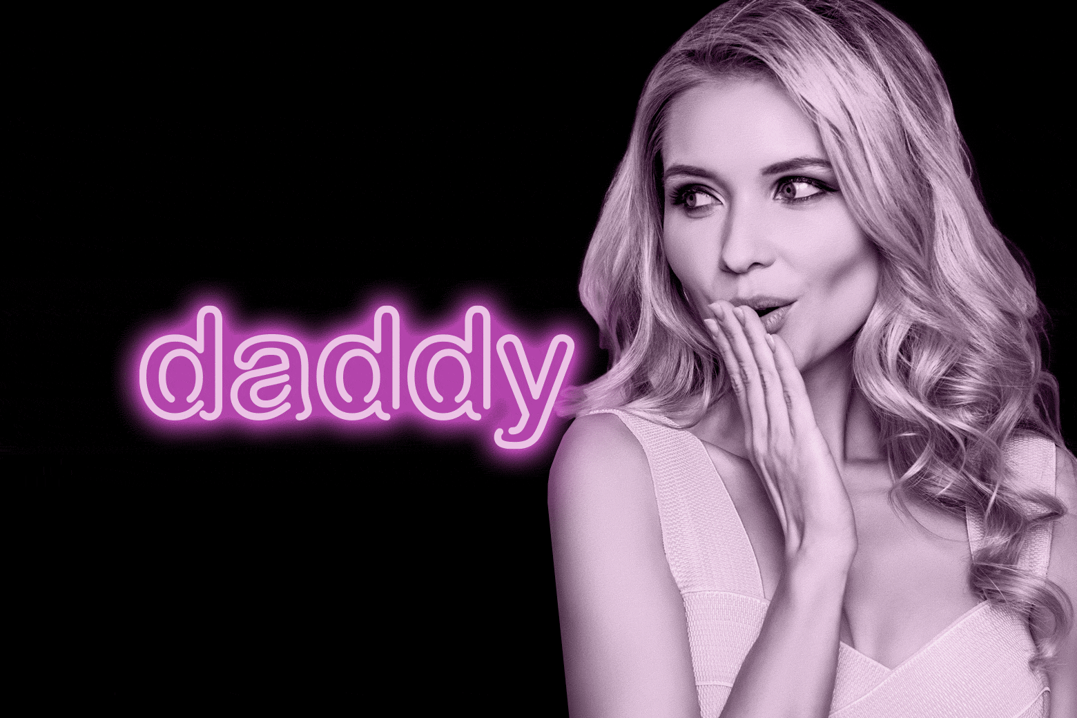 Woman covering her mouth with her hand and looking at a sign that says daddy.