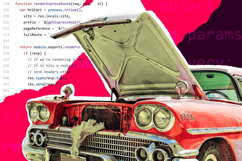 The open hood of a 1950s-style car, with snippets of code overlaid.