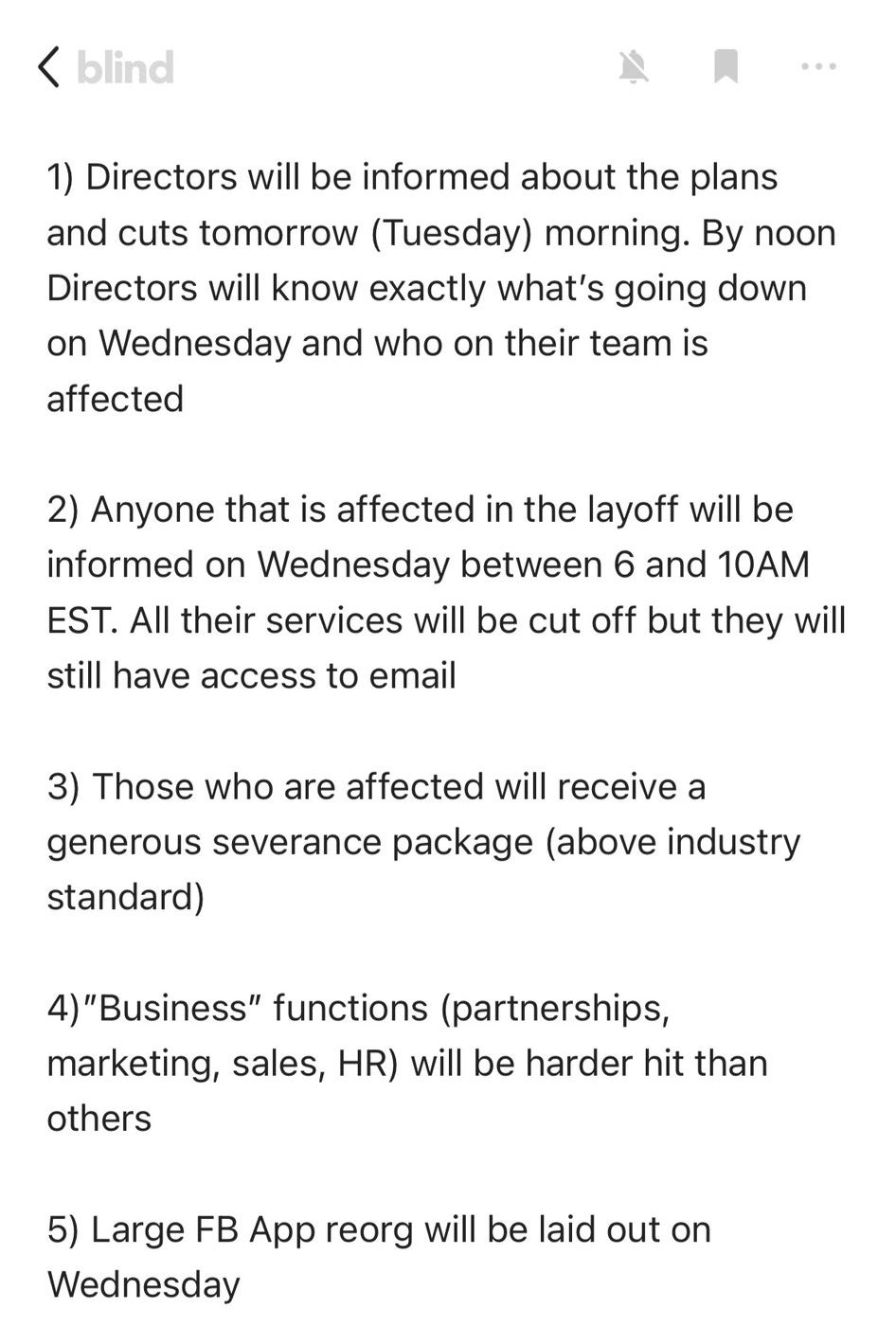 A screenshot from Blind with a numbered information list about the process for Meta's layoffs