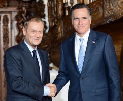 Republican presidential candidate and former Governor of Massachusetts Mitt Romney (R) shakes hands with Polish Prime Minister Donald Tusk, during a meeting at Artus Court, in Gdansk, on 30, 2012.